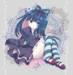  blue_eyes blue_hair bow cat dress hair_bow highres long_hair maimu_(polka) multicolored_hair panty_&amp;_stocking_with_garterbelt sitting solo stocking_(character) stocking_(psg) striped striped_legwear striped_thighhighs thigh-highs thighhighs two-tone_hair 