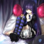  computer dsakuraff eating food fruit green_eyes laptop long_hair multicolored_hair multiple_girls panty_&amp;_stocking_with_garterbelt sitting solo stocking_(character) stocking_(psg) strawberry striped striped_legwear striped_thighhighs thigh-highs thighhighs 