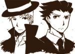  2boys gyakuten_saiban hat hershel_layton monochrome multiple_boys naruhodou_ryuuichi necktie professor_layton professor_layton_vs._gyakuten_saiban top_hat 