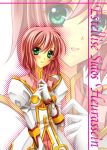  blush character_name estellise_sidos_heurassein gloves green_eyes halftone hiryuu_kanon pink_hair short_hair smile solo tales_of_(series) tales_of_vesperia zoom_layer 