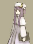  bad_id black_eyes blush book crescent crescent_moon dress frown hat long_hair patchouli_knowledge purple_hair simple_background solo touhou 