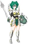  armor blue_eyes boots circlet curly_hair dragon_quest dragon_quest_iv earrings gauntlets green_hair heroine_(dq4) jewelry shield short_hair smile solo somaria spoilers sword weapon 