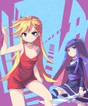  blonde_hair blue_eyes blush breasts cleavage dress earrings hair_ribbon highres jewelry long_hair multicolored_hair multiple_girls panty_&amp;_stocking_with_garterbelt panty_(character) panty_(psg) ribbon saiste stocking_(character) stocking_(psg) striped striped_legwear striped_thighhighs sword thigh-highs thighhighs two-tone_hair weapon 
