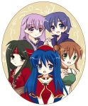  :d blue_eyes blue_hair blush breasts brown_hair fire_emblem fire_emblem:_fuuin_no_tsurugi green_eyes green_hair headband headdress holding_hands lalum lilina long_hair purple_hair short_hair smile sofiya sue_(fire_emblem) thany violet_eyes 