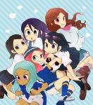  ball glasses grin hat holding inazuma_eleven kino_aki kudou_fuyuka mago multiple_girls otonashi_haruna pink_hair purple_hair raimon_natsumi school_uniform short_hair smile soccer_ball soccer_uniform socks telstar urabe_rika zaizen_touko 