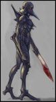  blade blood blood_stain bloodstain border carapace glowing glowing_eyes jigoku_shouji monster no_humans original profile realistic red_eyes solo spine walking weapon 