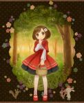  basket brown_eyes brown_hair bunny dress flower forest hair_ornament inase nature rabbit solo squirrel tree 