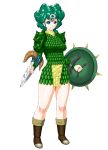  blue_eyes boots circlet curly_hair dragon_quest dragon_quest_iv earrings green_hair heroine_(dq4) jamadhar jewelry katar shield short_hair smile somaria 