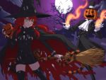  black_legwear black_thighhighs book bracelet bridal_gauntlets broom candy cape halloween hat iga_tomoteru jack-o'-lantern jewelry looking_back mask original pumpkin red_hair redhead snake thigh-highs thighhighs torn_clothes witch witch_hat yellow_eyes 