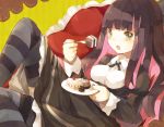  blue_eyes blue_hair cake eating food long_hair nekotewi panty_&amp;_stocking_with_garterbelt smile solo stocking_(character) stocking_(psg) striped striped_legwear striped_thighhighs thigh-highs thighhighs 