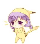  chibi circlet cosplay fire_emblem fire_emblem:_souen_no_kiseki ilyana lowres mongcocoa pikachu pikachu_(cosplay) pokemon purple_eyes purple_hair simple_background solo spark violet_eyes white_background 