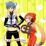  1girl age_difference animal_ears bodysuit cat_ears couple creamyya detached_sleeves hello_kitty highres kaito male neko_cyber nekomura_iroha project_diva project_diva_2nd tail vocaloid 