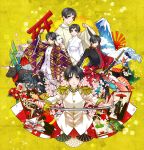  axis_powers_hetalia bamboo black_hair camellia_(flower) card cards cherry_blossoms chrysanthemum cow egasumi epaulettes fine_art_parody flower food fox hanafuda inari japan japan_(hetalia) japanese_clothes kanagawa_okinami_ura katana kikumon komainu litha lying_card male mask military military_uniform mount_fuji mountain multiple_persona origami paper_crane parody statue sushi sword torii uniform waves weapon 