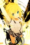  armpits arms_up blonde_hair boots casual checkered checkered_skirt from_above hair_ornament hairclip kagamine_rin kaze-hime kneeling looking_up ribbon school_uniform serafuku short_hair skirt smile solo tiger_rampage_(vocaloid) vocaloid 