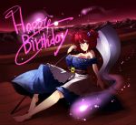 1girl barefoot breasts hair_bobbles hair_ornament happy_birthday harusame_(unmei_no_ikasumi) huge_breasts large_breasts onozuka_komachi red_eyes red_hair redhead scythe short_hair touhou twintails 