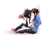  1girl baseball_cap black_hair blush brown_hair closed_eyes couple denim denim_shorts hat hat_removed headwear_removed jacket kneeling pesu_(penpen) pokemon pokemon_(game) pokemon_black_and_white pokemon_bw ponytail shorts tears touko_(pokemon) touya_(pokemon) vest 