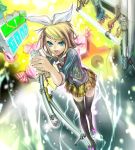  black_legwear black_thighhighs blonde_hair candy choker fang from_above full_body hair_ornament hair_ribbon hairclip jacket kagamine_rin looking_up microphone microphone_stand necktie open_mouth ribbon short_hair skirt solo star tcb thigh-highs thighhighs vocaloid zettai_ryouiki 