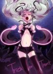  fang floating_hair full_moon halloween hatsune_miku highres moon navel neon_trim night open_mouth pointy_ears short_shorts shorts solo tattoo thigh-highs thighhighs twintails vampire vocaloid zorim 