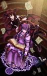  bat_wings book bookshelf clog_sandals crescent hair_ornament hair_ribbon head_wings highres koakuma library long_hair magic_circle multiple_girls no_hat no_headwear patchouli_knowledge purple_eyes purple_hair red_eyes red_hair redhead ribbon sitting skyspace smile tabi touhou violet_eyes voile wings 