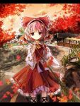  ankle_lace-up autumn bondson bow broom cosplay cross-laced_footwear detached_sleeves hair_bow hairband hakurei_reimu hakurei_reimu_(cosplay) heart komeiji_satori leaf letterboxed looking_at_viewer no_nose pink_hair red_eyes short_hair smile solo standing touhou 