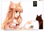  animal_ears cat cat_ears feeding hair_ribbon highres kuroya_shinobu long_hair open_mouth ribbon spoon 