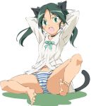  arms_behind_head barefoot cat_ears cat_tail face fang feet francesca_lucchini green_eyes green_hair panties strike_witches striped striped_panties tail twintails umanosuke underwear 