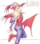  bare_shoulders character_name demon_girl head_wings high_heels lilith_aensland pantyhose print_pantyhose purple_hair red_eyes shoes short_hair solo succubus toshi vampire_(game) wings 