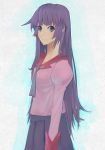  aqua_eyes bakemonogatari long_hair monogatari_(series) purple_hair school_uniform senjougahara_hitagi smile teal_eyes 