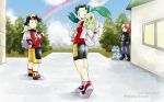  1girl 2boys ;) chikorita crystal_(pokemon) cyndaquil gold_(pokemon) looking_at_viewer montyoum multiple_boys parody perspective pokemon pokemon_(game) pokemon_gsc rainbow silver_(pokemon) style_parody sugimori_ken_(style) totodile wink 