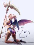  bat_wings high_heels kneeling looking_back mousoup original pink_hair ponytail purple_eyes scythe shoes solo tail thigh-highs thighhighs violet_eyes weapon wings 