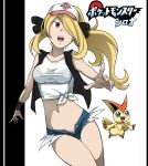  1girl blonde_hair breasts cosplay cutoffs denim denim_shorts grey_eyes hair_over_one_eye hat high_ponytail highres kakkii long_hair midriff navel no_panties open_mouth open_shorts pointing pokemon pokemon_(creature) pokemon_(game) pokemon_black_and_white pokemon_bw pokemon_dppt ponytail shirona_(pokemon) short_shorts shorts touko_(cosplay) touko_(pokemon) touko_(pokemon)_(cosplay) very_long_hair vest victini wristband 