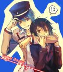  2boys angel_beats! arm_around_neck arm_on_shoulder bad_id black_hair blazer blue_eyes brown_eyes grin hat hinata_(angel_beats!) male mg_(3458) multiple_boys naoi_ayato purple_eyes school_uniform short_hair smile violet_eyes 