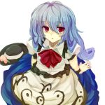  blue_hair food from_above fruit hat hat_removed headwear_removed hiharo hinanawi_tenshi long_hair looking_at_viewer peach red_eyes sketch solo touhou 