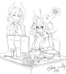  2girls bouquet breasts cleavage desk eu03 flower formal gift glasses hair_up horns huge_breasts mole monitor monochrome multiple_girls office_lady semi-rimless_glasses sitting sketch squiggle suit tsunoko under-rim_glasses 
