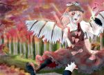  animal_ears black_socks bow checkered dress hat mo2ica musical_note mystia_lorelei nature open_mouth pink_eyes pink_hair sitting socks solo sunbeam touhou tree wings 