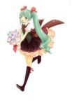  bad_id blue_eyes bouquet dress flower full_body green_hair hatsune_miku kneehighs simple_background smile solo twintails vocaloid 