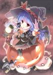  blue_hair candy fang ghost halloween hand_on_hat hat jack-o'-lantern jack-o-lantern lantern long_hair looking_at_viewer nail_polish o_o open_mouth original pikazo pinky_out pumpkin red_eyes smile solo striped striped_legwear striped_thighhighs thigh-highs thighhighs wings witch witch_hat 