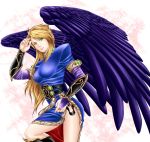  black_wings blonde_hair boots breasts breath_of_fire breath_of_fire_ii bridal_gauntlets chico&amp;aoi dress green_eyes large_breasts legs long_hair nina_(breath_of_fire_ii) side_slit thighs wings 