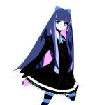  blue_eyes blue_hair bow gothic_lolita hair_bow highres lolita_fashion long_hair panty_&amp;_stocking_with_garterbelt simple_background solo stocking_(character) stocking_(psg) striped striped_legwear striped_thighhighs thigh-highs thighhighs 