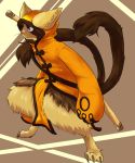 animal_ears bad_id blazblue brown_background cat cat_ears cat_tail eyepatch highres jubei_(blazblue) male multiple_tails red_eyes tail 