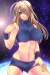  bare_shoulders blonde_hair blue_eyes falcon-samus_(artist) hair_over_one_eye hand_on_thigh impossible_clothes impossible_clothing impossible_shirt long_hair metroid midriff nintendo ran_komomo samus_aran shirt shorts solo sun turtleneck 