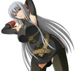  arms_behind_head belt breasts detached_sleeves kenji_t1710 large_breasts long_hair military military_uniform red_eyes selvaria_bles senjou_no_valkyria senjou_no_valkyria_1 silver_hair simple_background solo thigh-highs thighhighs uniform very_long_hair 