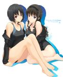  2girls amagami barefoot black_eyes black_hair blue_eyes competition_swimsuit feet hairband legs long_hair morishima_haruka multiple_girls nanasaki_ai one-piece_swimsuit school_uniform short_hair swimsuit swimsuit_under_clothes wakatsuki_sana 