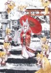  animal_ears artist_request blonde_hair fox_ears highres japanese_clothes kimono long_hair snow standing stone_lantern tail torii white_hair 