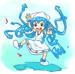  blue_hair blush_stickers dress higashi ikamusume shinryaku!_ikamusume shrimp solo tentacle_hair tentacles 