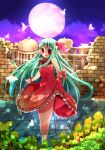  bad_id bow butterfly dress green_hair hair_bow highres moon red_eyes skirt_hold solo wading water 