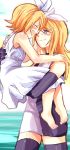  blonde_hair blue_eyes blush carrying dual_persona elbow_gloves gloves happy kagamine_rin kagamine_rin_(roshin_yuukai) long_hair roshin_yuukai_(vocaloid) ryou_(fallxalice) short_hair thighhighs time_paradox vocaloid 