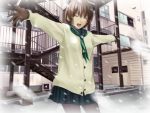  ^_^ blurry brown_hair building cardigan closed_eyes depth_of_field gloves grey_legwear hitori_(htr_t) necktie open_mouth original outstretched_arms pantyhose pleated_skirt school_uniform seifuku short_hair skirt smile snow solo spread_arms winter 