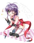  1girl elbow_pads fang female fingerless_gloves flipper gloves green_eyes hair_ribbon lyrical_nanoha mahou_shoujo_lyrical_nanoha_vivid purple_hair ribbon rio_wezley solo thigh-highs thighhighs wink 