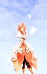 ^_^ blue_background blush boots closed_eyes dress estellise_sidos_heurassein gloves happy highres pants paper pink_hair royal_7 short_hair sky smile solo sparkle tales_of_(series) tales_of_vesperia white_gloves 